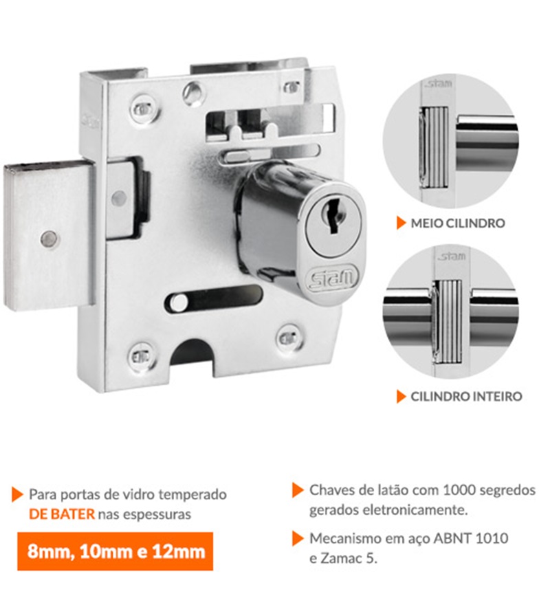 FECHADURA PARA PORTA DE VIDRO CILINDRO OVAL CROMADO 2004 STAM-11452