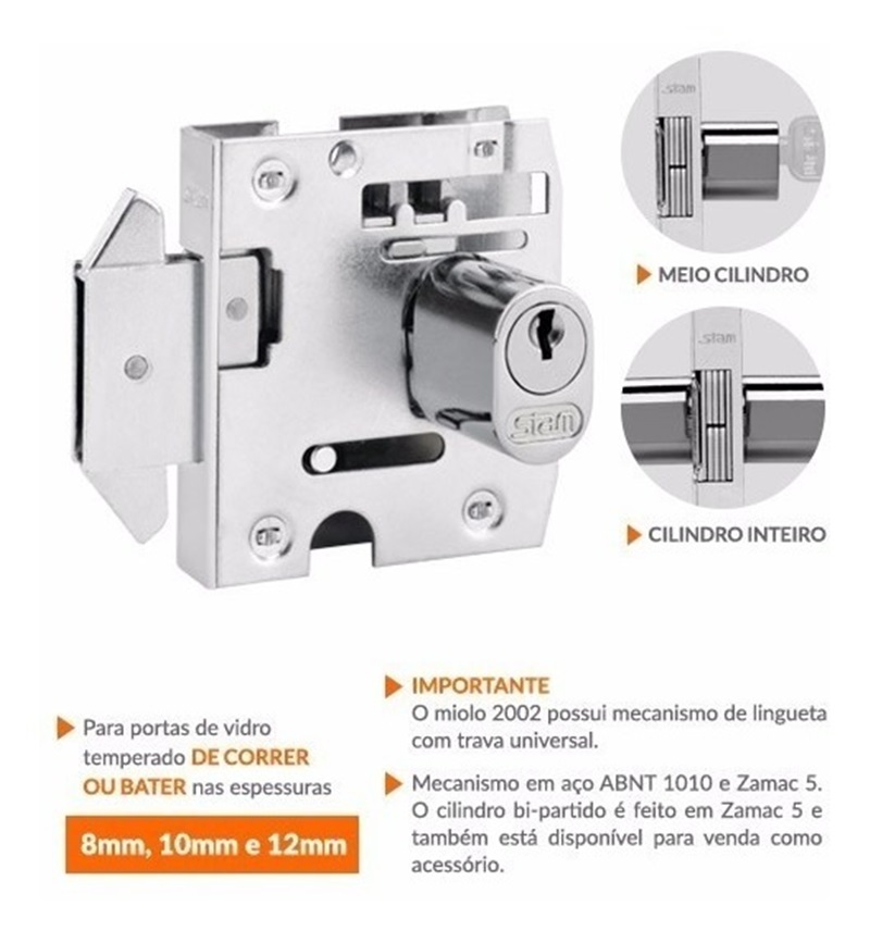 FECHADURA PARA PORTA DE VIDRO CILINDRO OVAL CROMADO 2002 STAM -11449