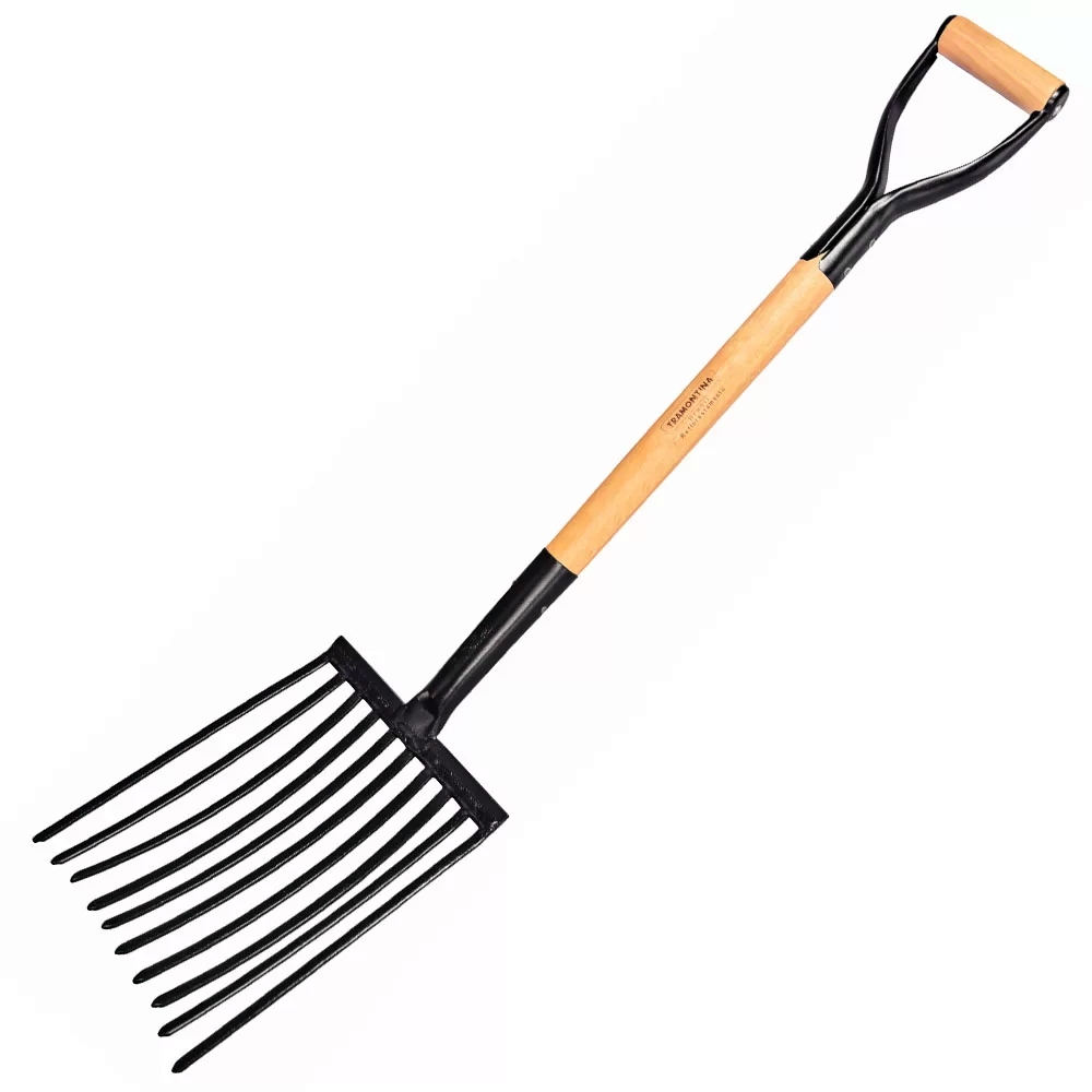 FORCADO PARA CASCALHO COM 10 DENTES EM AÇO COM CABO MADEIRA 74CM TRAMONTINA-11021